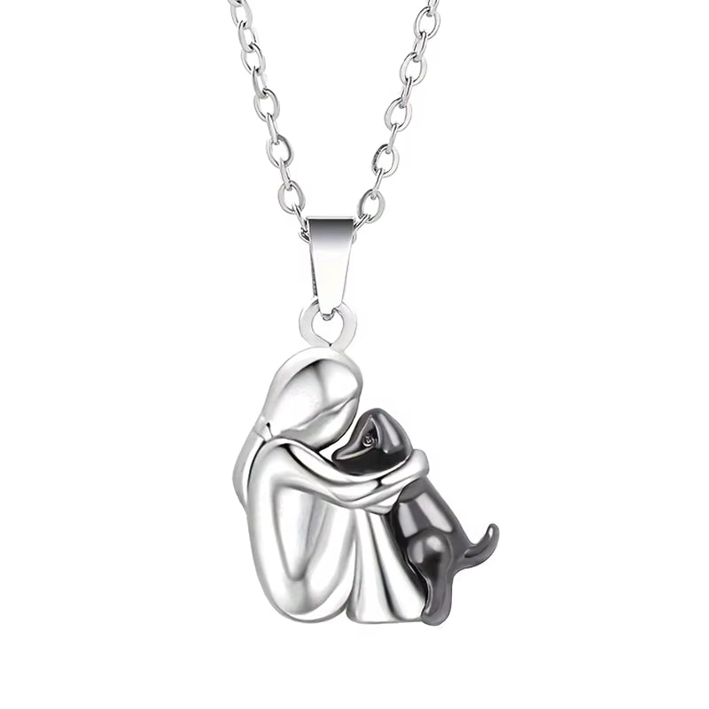 Elegant Women's Necklace Featuring Adorable Girl and Puppy Pendants - Animal-Inspired Pet Jewelry