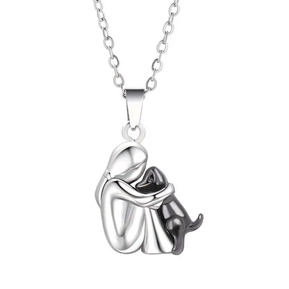 Elegant Women's Necklace Featuring Adorable Girl and Puppy Pendants - Animal-Inspired Pet Jewelry
