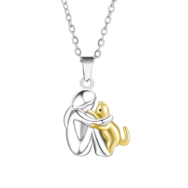 Elegant Women's Necklace Featuring Adorable Girl and Puppy Pendants - Animal-Inspired Pet Jewelry