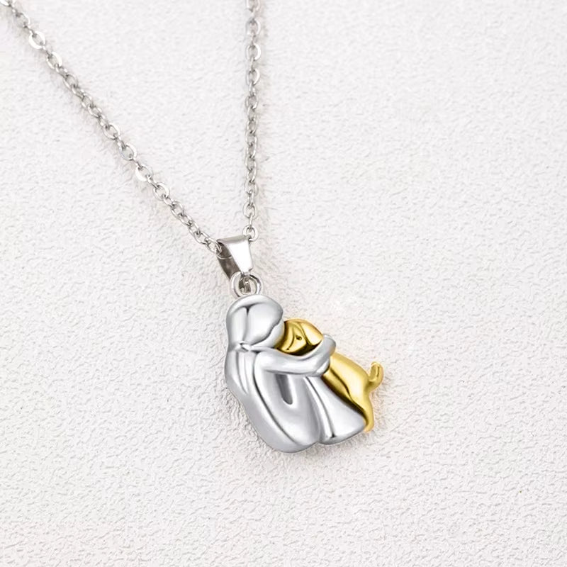 Elegant Women's Necklace Featuring Adorable Girl and Puppy Pendants - Animal-Inspired Pet Jewelry