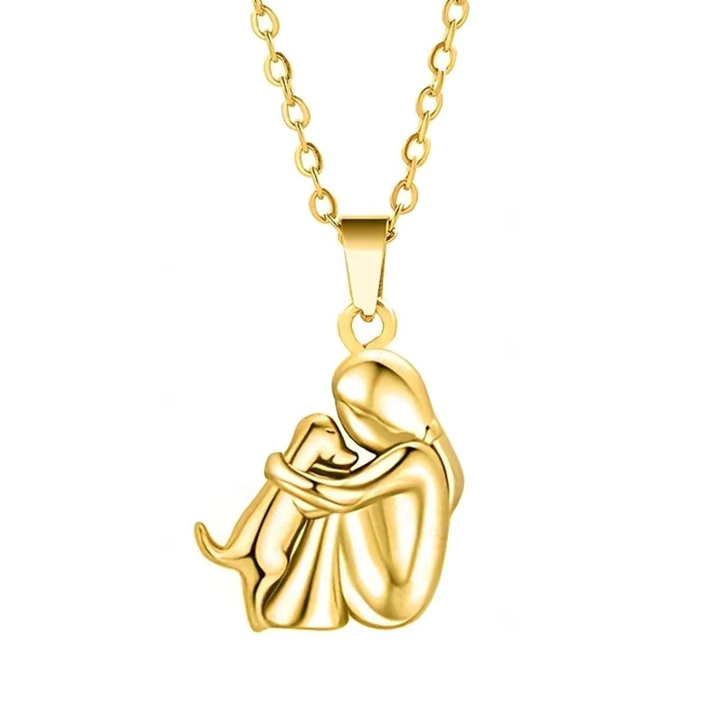 Elegant Women's Necklace Featuring Adorable Girl and Puppy Pendants - Animal-Inspired Pet Jewelry